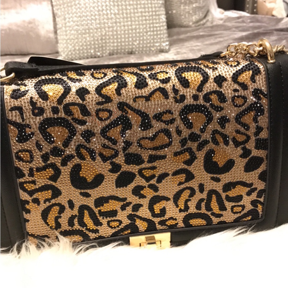 INC - NWT SPARKLING ANIMAL PRINT RHINESTONE GOLD CHAIN CROSSBODY HANDBAG